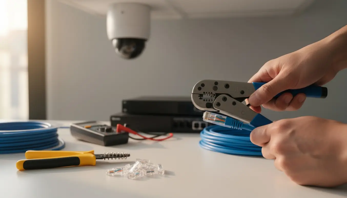 Nærbillede af hænder, der monterer et RJ45-stik på et netværkskabel med overvågningsudstyr i baggrunden.