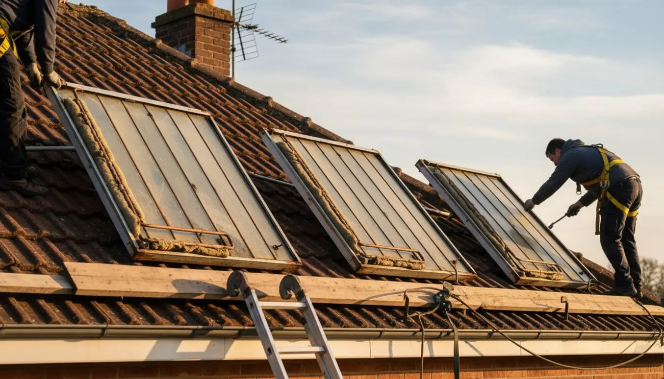 Tre ældre solvarmepaneler afmonteres fra et 45° tegltag med tagstige, sikkerhedsliner og værktøj.