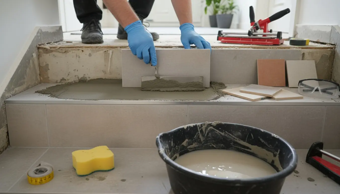 Nye fliser lægges på en boligtrappe med flisesamplere og værktøj på landingen.