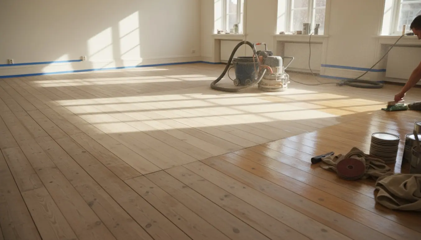 Plankegulv under slibning og behandling i et lyst rum med slibemaskine, støv og nypoleret træoverflade.