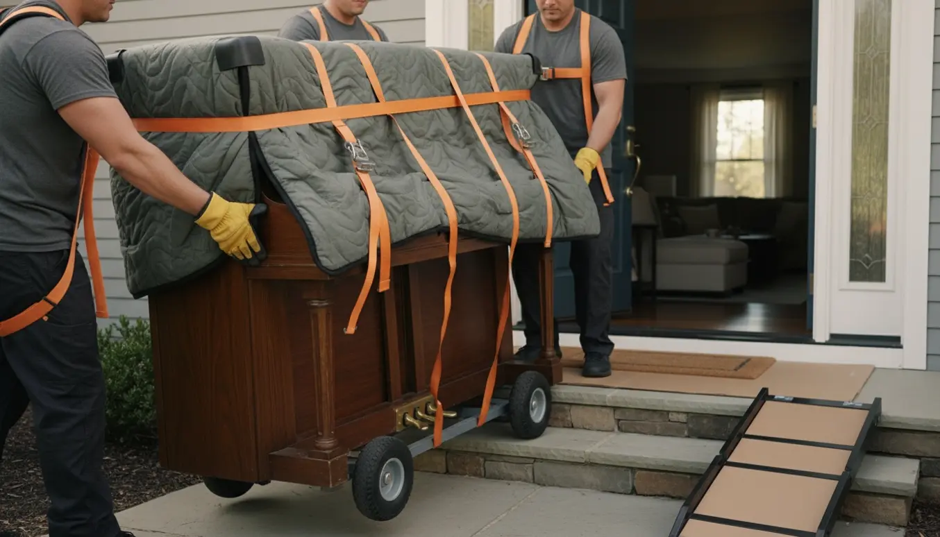 Erfarne flyttere bærer et opretstående klaver gennem husets hoveddør med tæpper og surringsstropper.