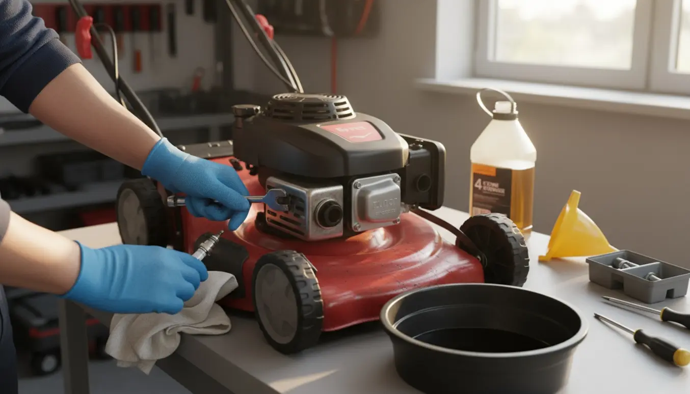 Nærbillede af hænder, der servicerer en ældre benzinplæneklipper med olie, tragt og tændrør i en garage.