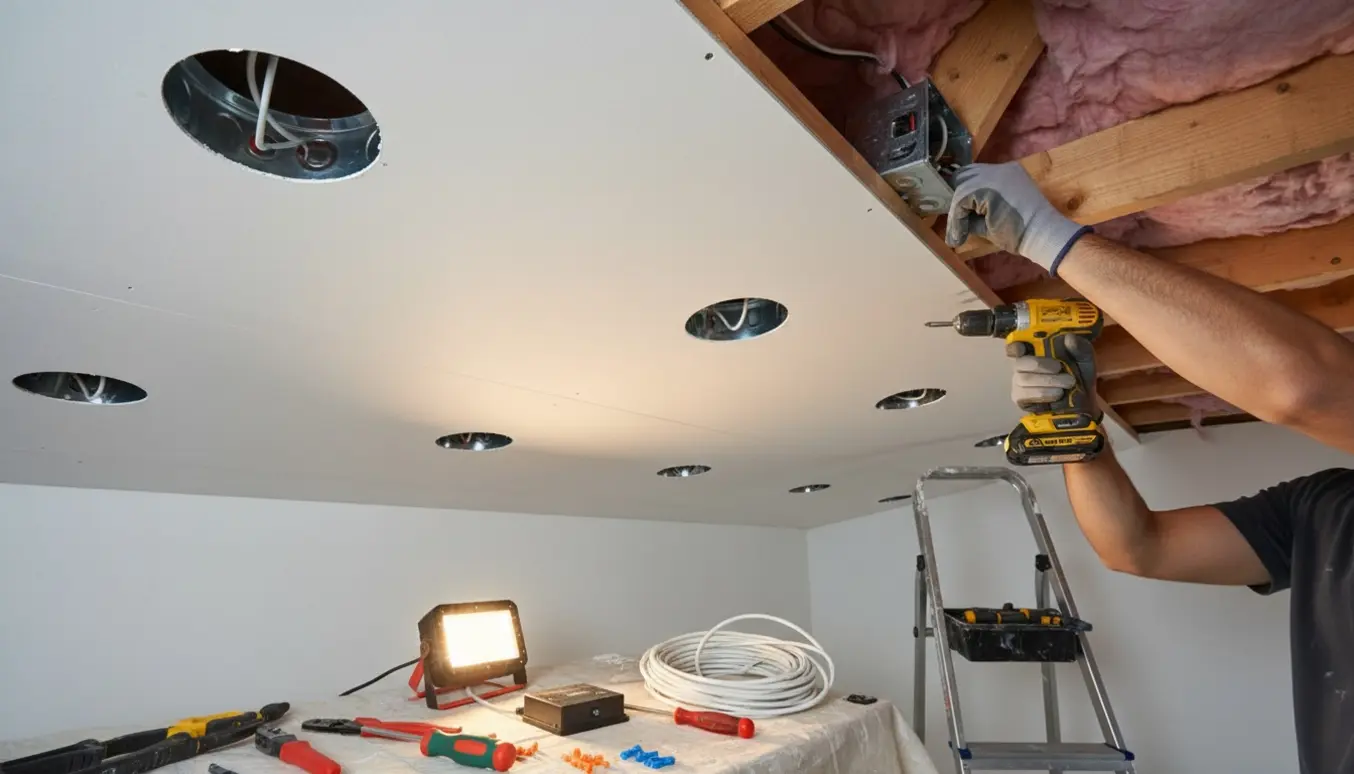 Elektriker monterer indbyggede spots i et nyt gipsloft med åben loftsadgang og værktøj omkring.
