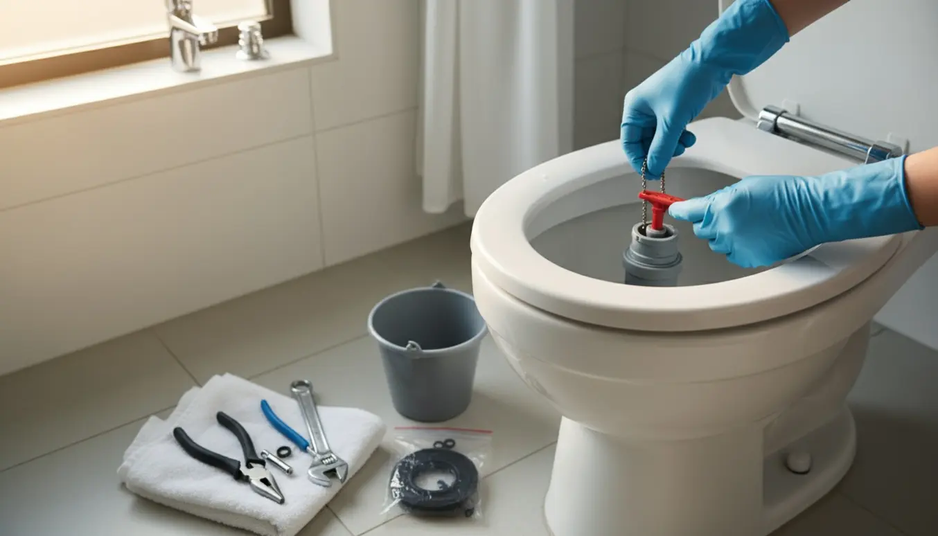 Åben toilettank med handsker og værktøj klar til rensning og reparation.