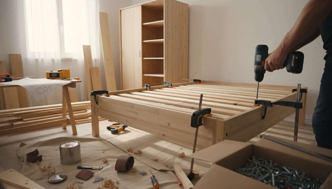 Delvis færdigbygget seng og halvt skab i et lyst soveværelse med værktøj og træstøv.