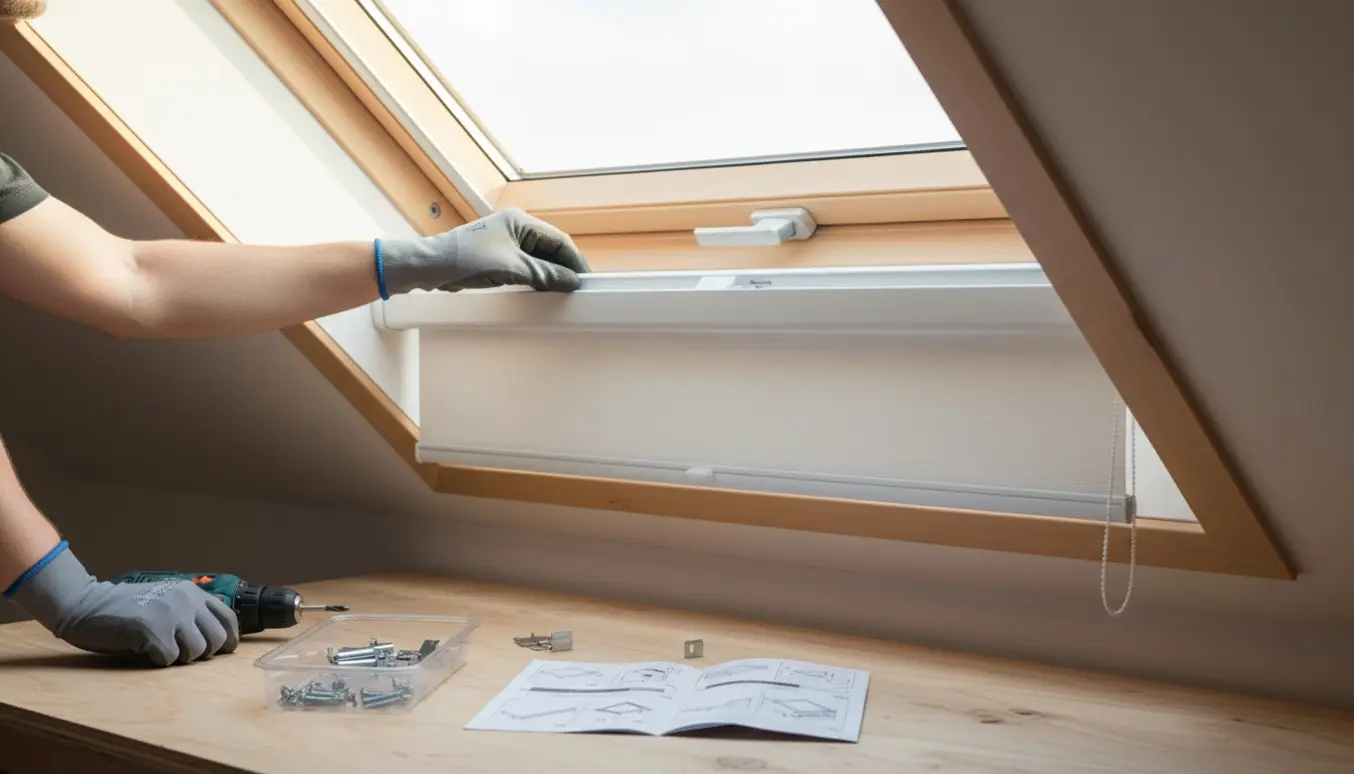 Hænder monterer et Velux-rullegardin i et loftsvindue med værktøj og beslag klar på et arbejdsbord.