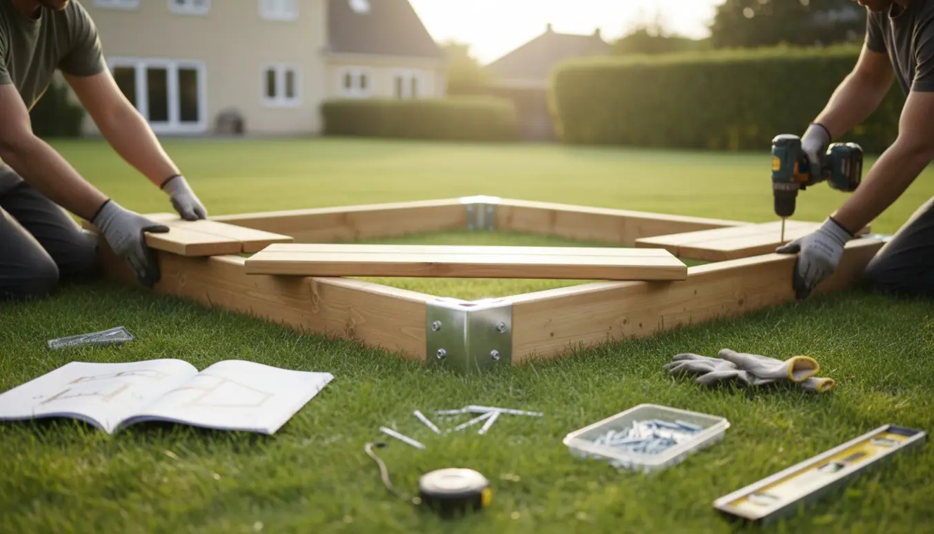 Delvist samlet Playbase Large på en græsplæne med værktøj og hænder, der skruer beslag fast.