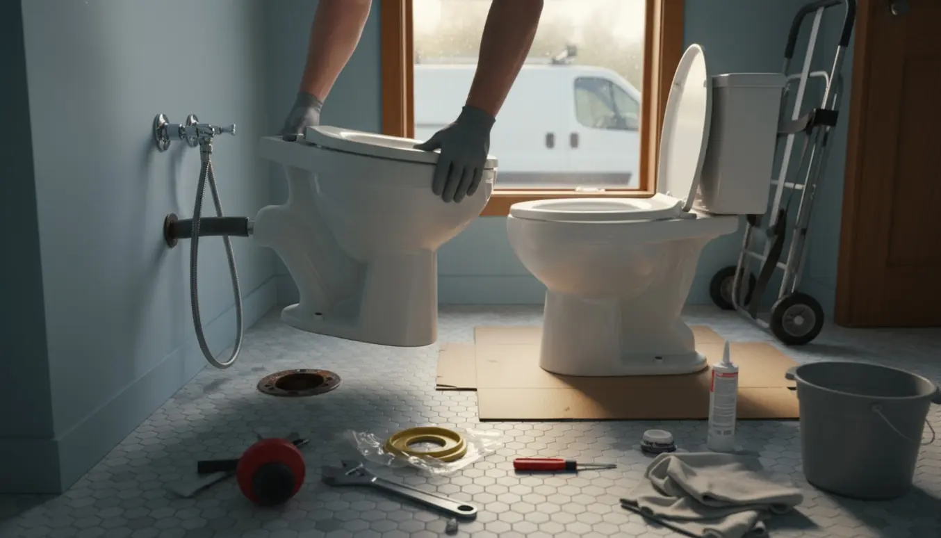 Hænder fjerner et gammelt toilet i et badeværelse, klar til udskiftning og bortkørsel.