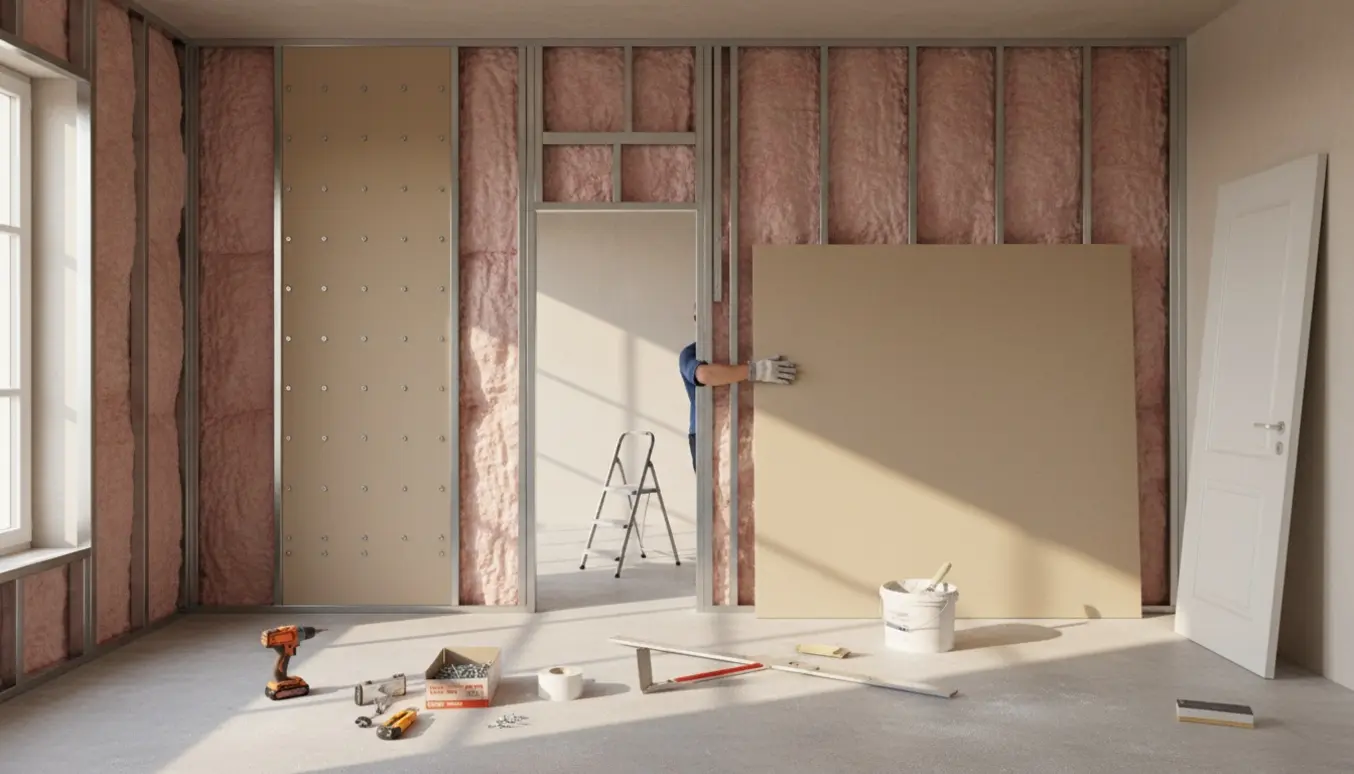 Gipsvæg med dobbelt lag og isolering monteres omkring en døråbning, håndværker set bagfra med værktøj.