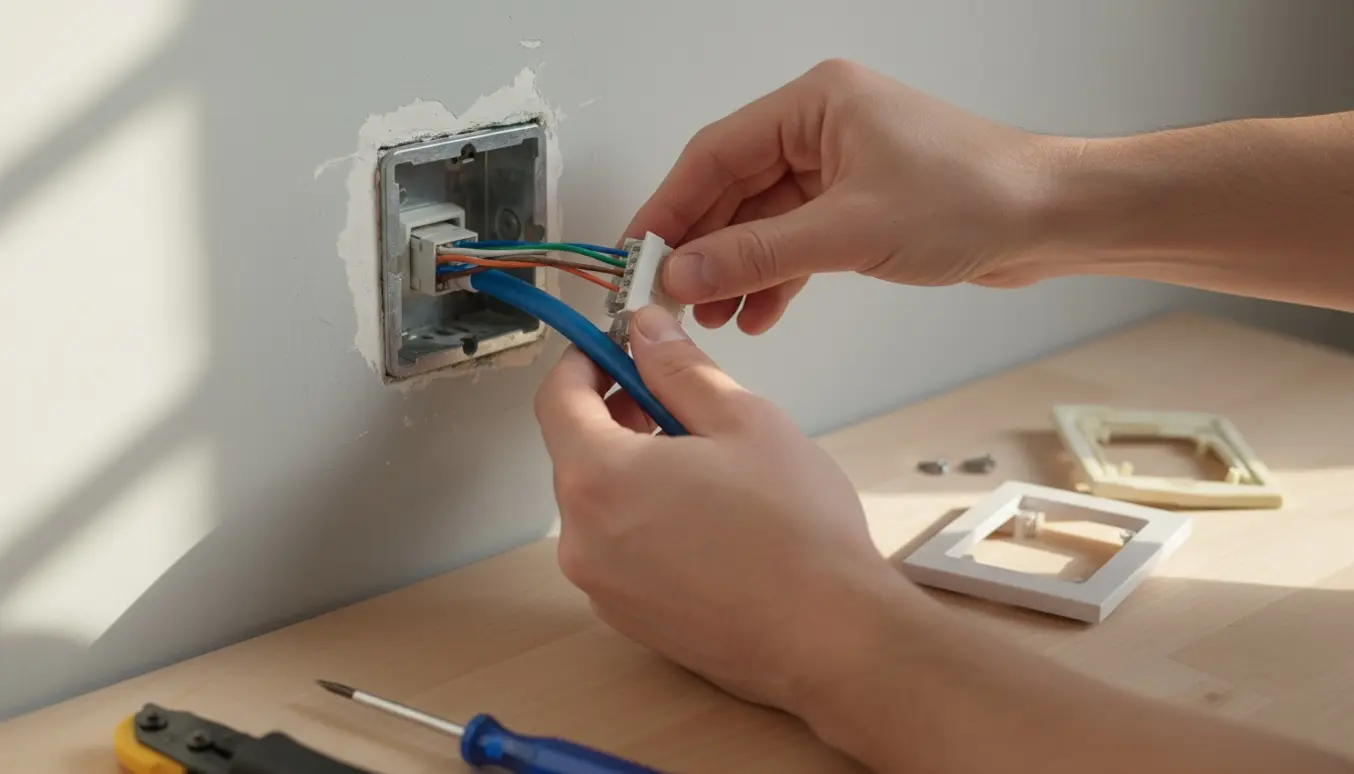 Hænder udskifter et løst netudtagsstik i væggen med nyt keystone-stik og værktøj.