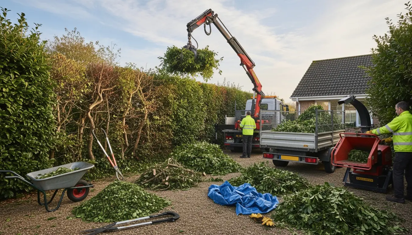 Kran med grab løfter hæk- og buskafklip over en trailer under oprydning i haven.
