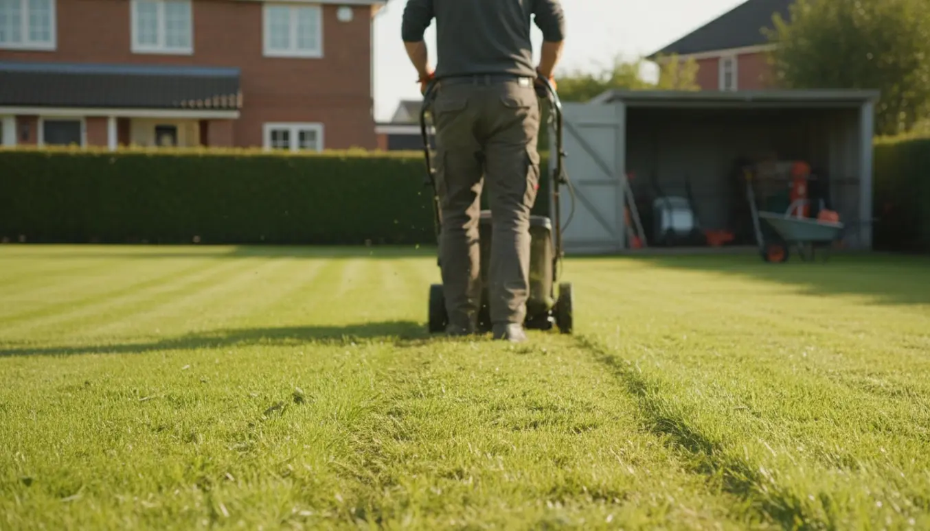 En rygvendt græsslåmaskine laver striber på en velplejet villagræsplæne i solskin.