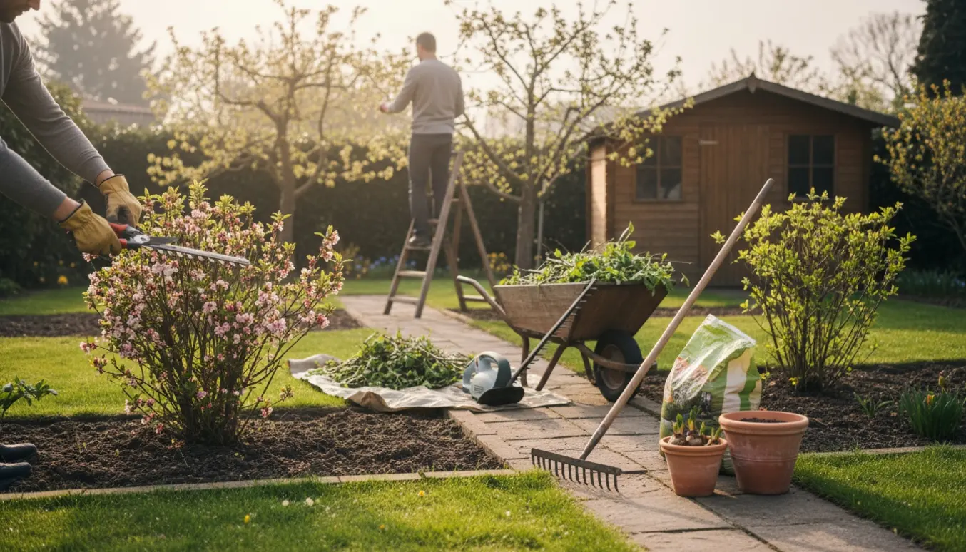 Hænder trimmer buske og rydder bede i en mellemstor villahave i blødt forårslys.