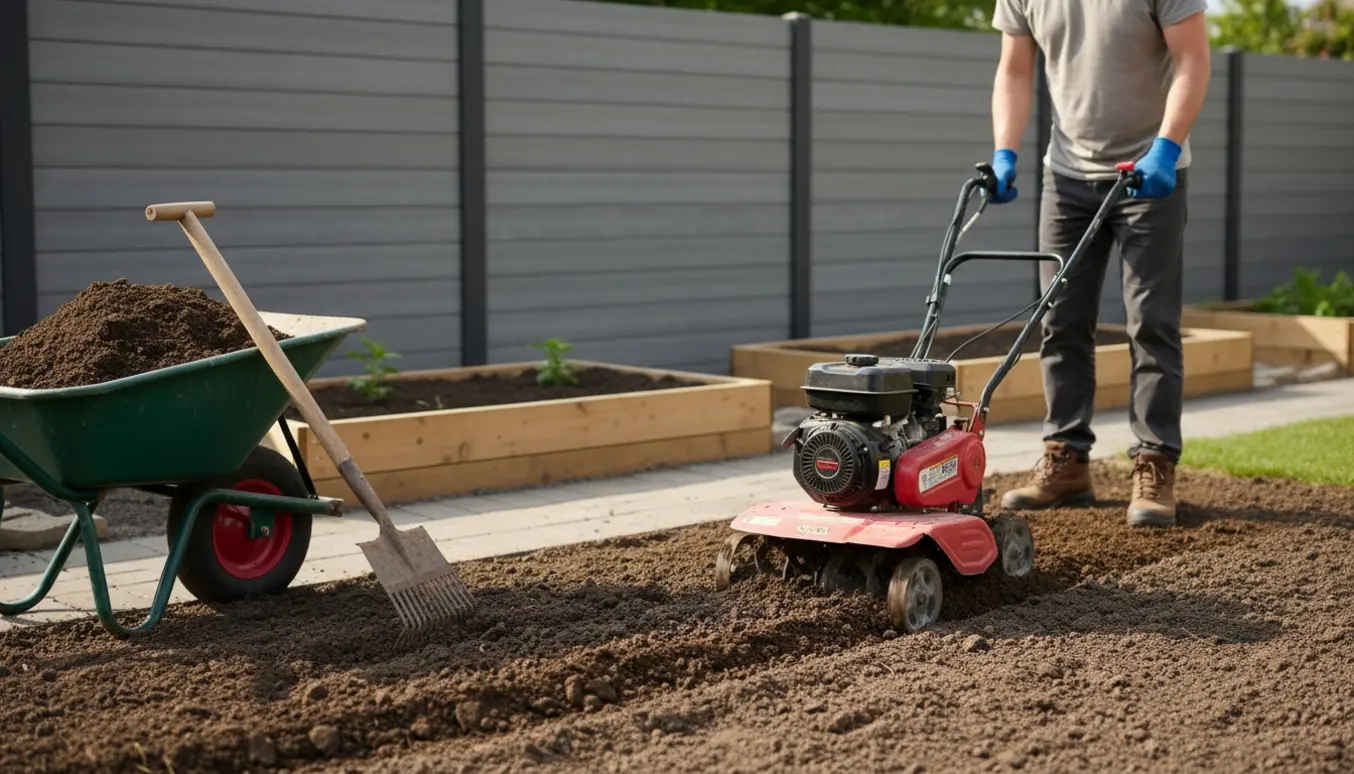 Gartner fræser og fordeler jord foran et nyopsat komposithegn.