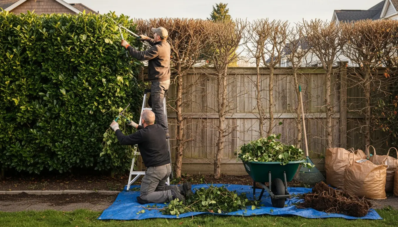 To mænd fjerner efeu fra hæk, hegn og bed med værktøj, trillebør og bunker af afklippede vinranker.