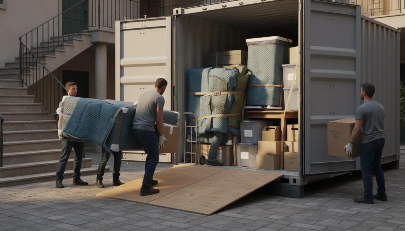 Flyttekasser og polstrede møbler bæres ned ad udendørs trappe og bliver omhyggeligt stablet i en åben flyttecontainer i gården.