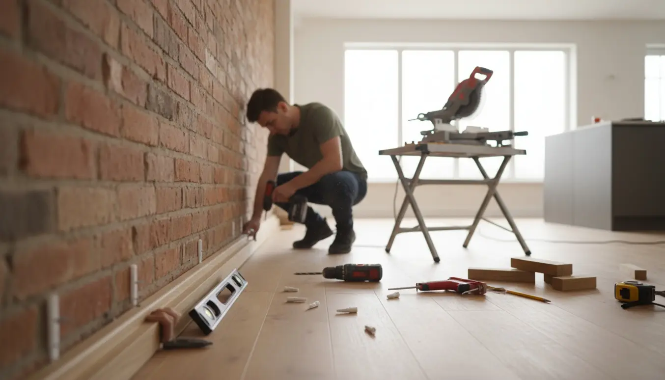 To personer monterer træfodpaneler langs en indvendig murstensvæg i et lyst åbent stue-køkken med værktøj på gulvet.