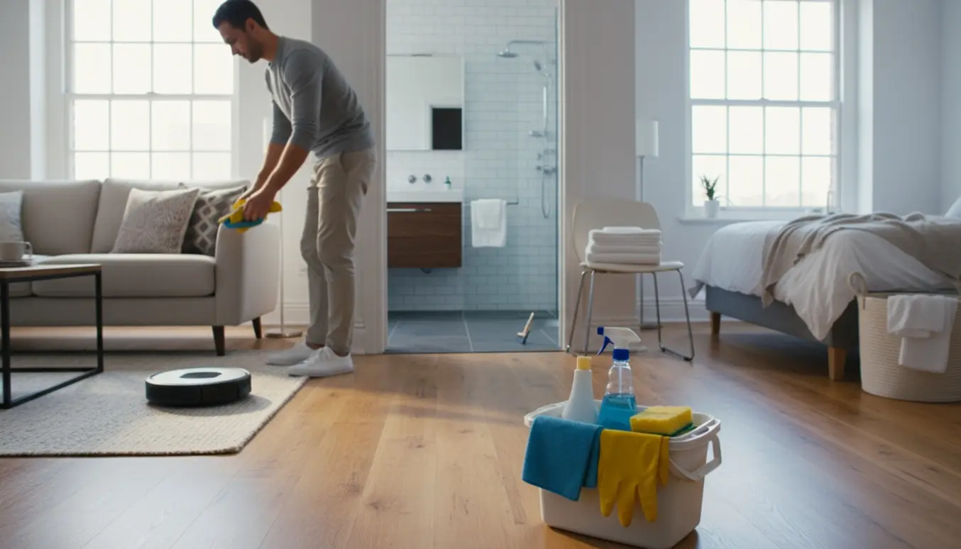 Lyst foto af lejlighed under rengøring med rengøringsudstyr og rene stue-, badeværelses- og soveværelsesrum.