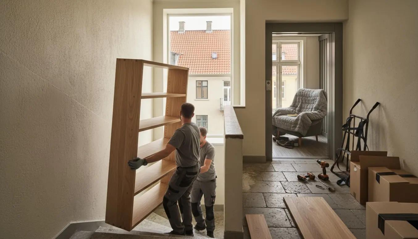 To flyttemænd bærer en reol ned ad en københavnsk trappe med skruemaskine, flyttevogn og indpakkede møbler i baggrunden.