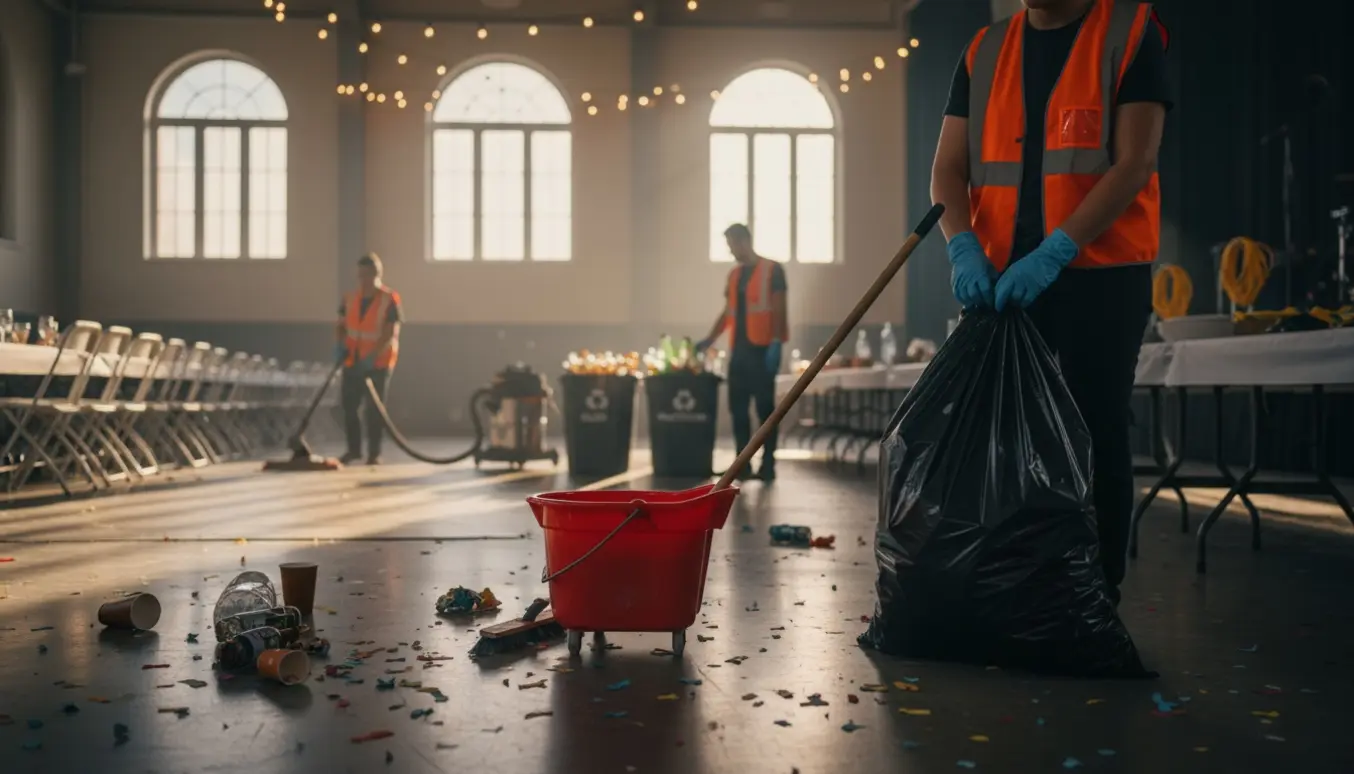 Frivillige rydder og rengør en stor festsal med poser, kost og moppe efter en stor fest.