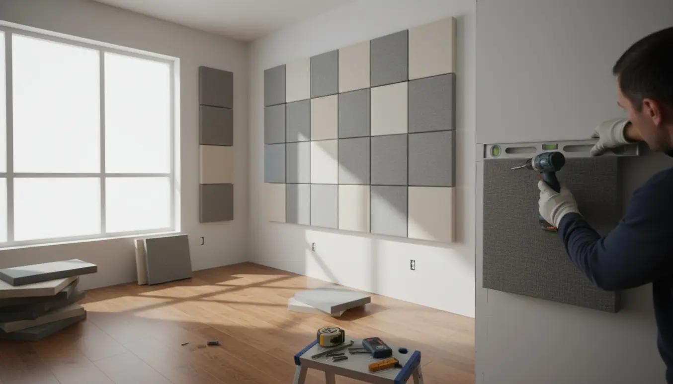 Installatør monterer akustikpaneler på tre vægge i et lyst rum med værktøj og paneler klar.