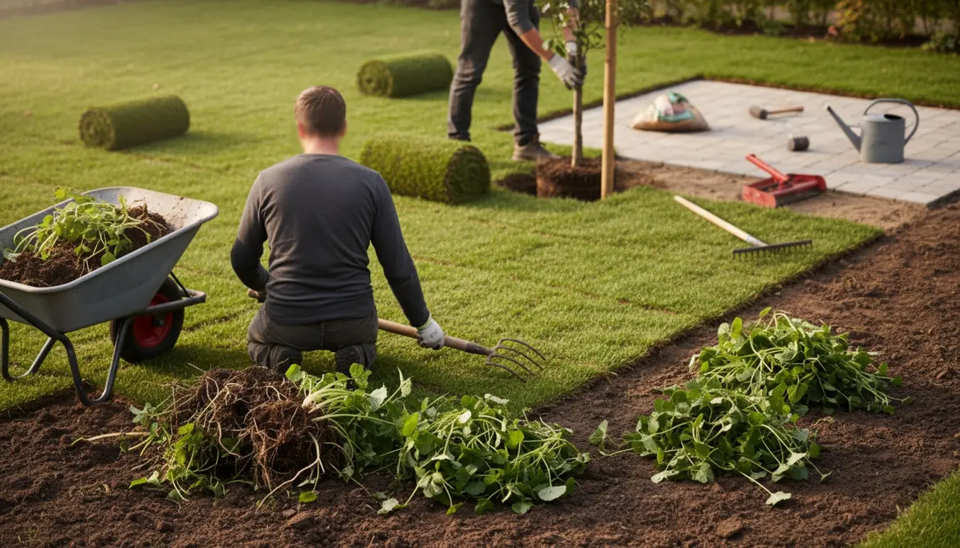 Havearbejde med fjernelse af skvalderkål, ny græsplæne, plantning af æbletræ og lægning af små fliser.
