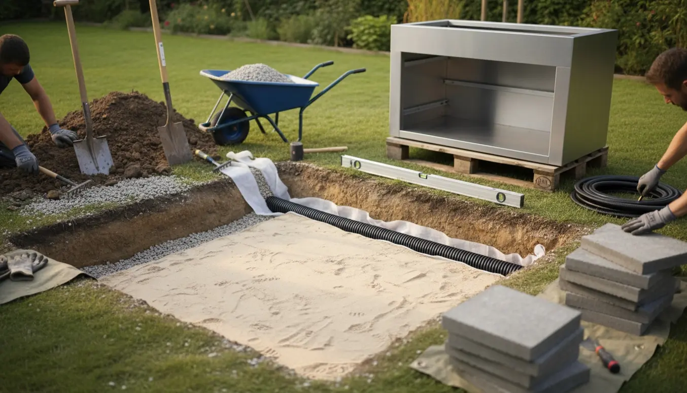 Gravning af et område til udendørs køkken med drænrør og værktøj rundt om hulningen.