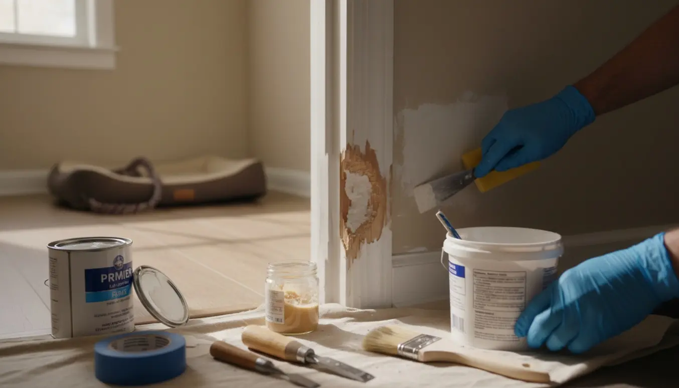 Nærbillede af hænder, der reparerer en dørkarm og væg med spartelmasse og slibning efter bidsskader fra hund.