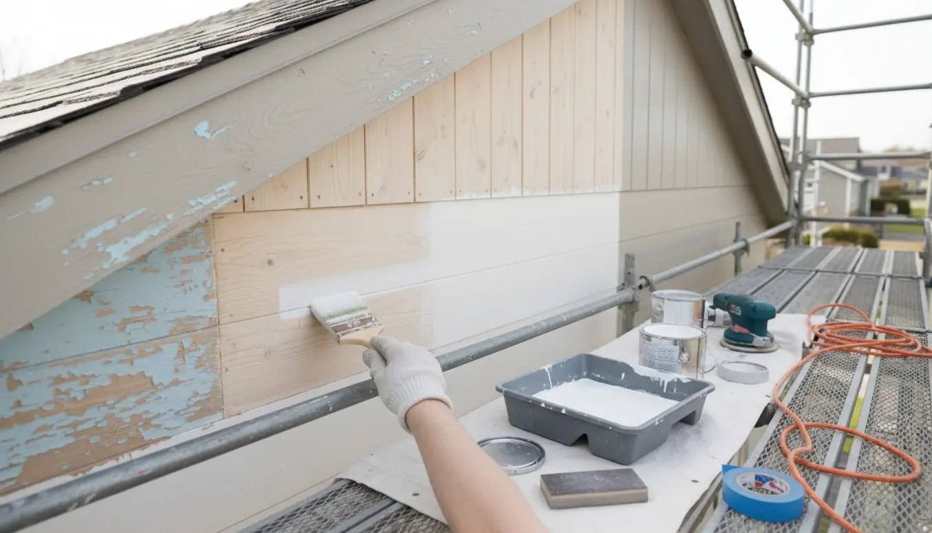 Gavl på hus under slibning, grunding og maling med stillads og malergrej.