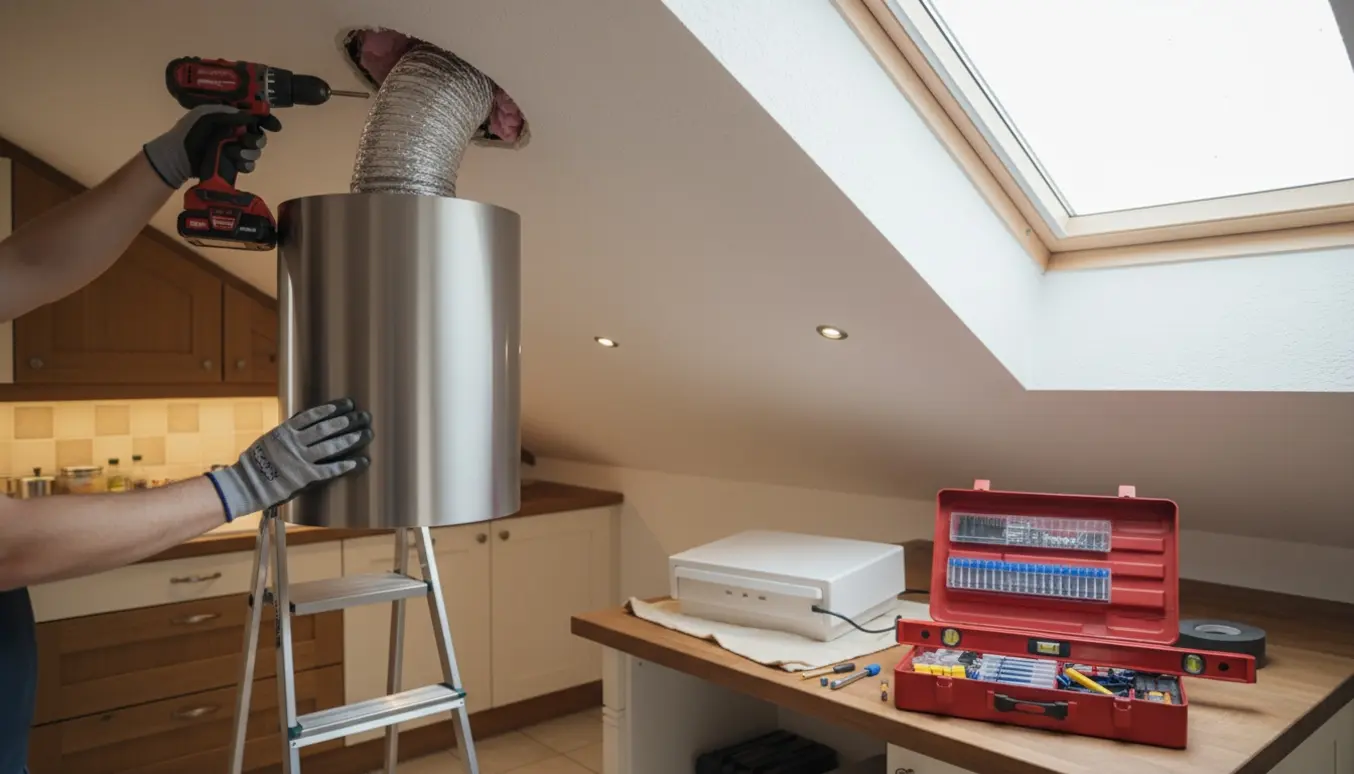 Cylindrisk emhætte monteres i et skråt loft med værktøj og arbejdshænder i fokus.