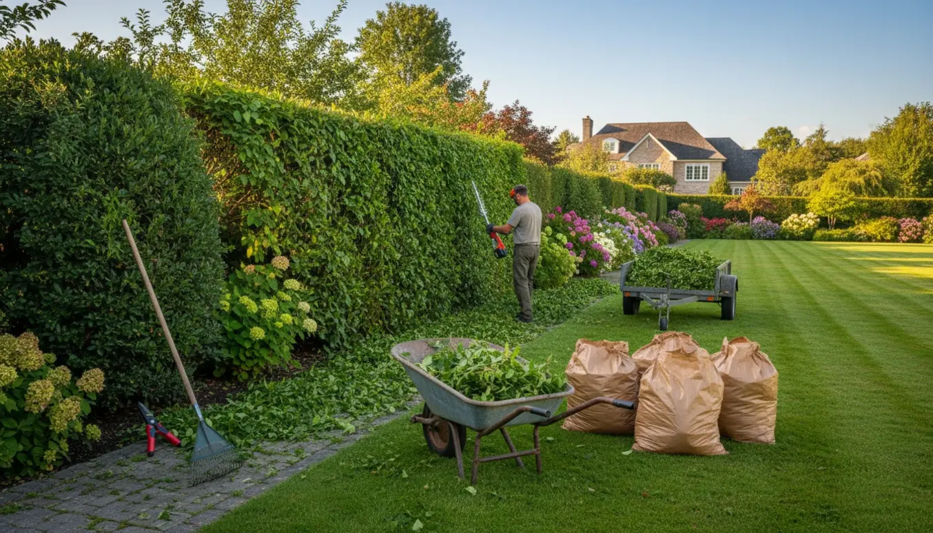 Hæk- og buskeklip i en sommerhave med trillebør fyldt af afklip og en arbejder set bagfra.