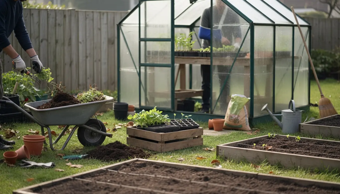 Hænder luger ukrudt og to personer forbereder haven og drivhuset, én med albueslynge.