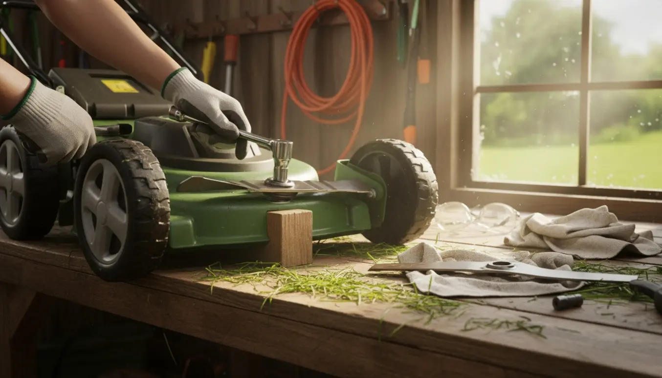 Hænder i handsker skifter klinge på en plæneklipper i et solbelyst redskabsskur.
