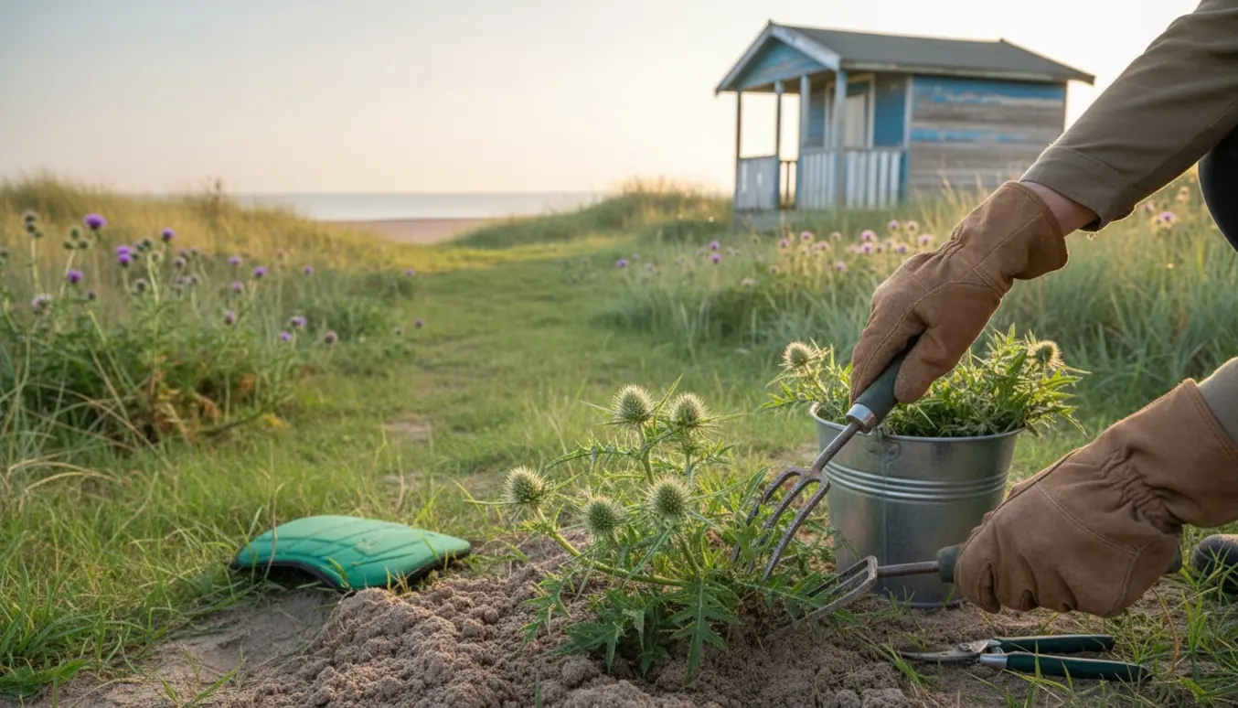 Hænder i handsker fjerner små tidsler i en strandeng foran et sommerhus.