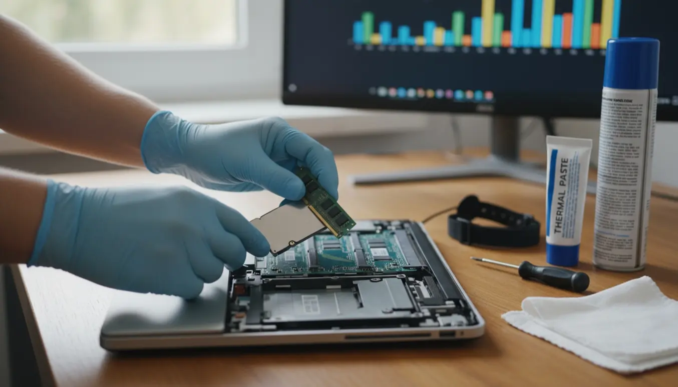 Nærbillede af en åben bærbar på et skrivebord, hvor hænder opgraderer med SSD og RAM.