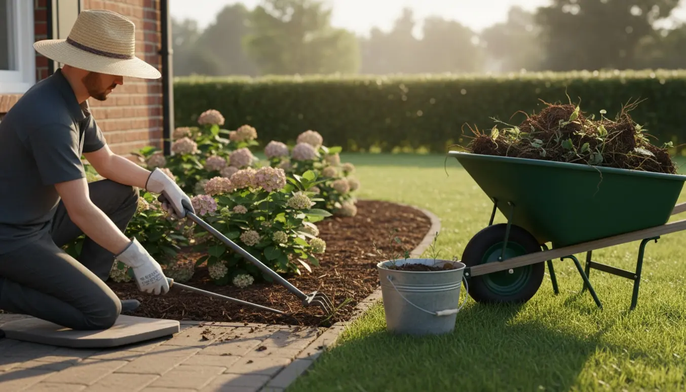 Hænder i havehandsker fjerner ukrudt langs en hæk og husets fundament med haveværktøj.