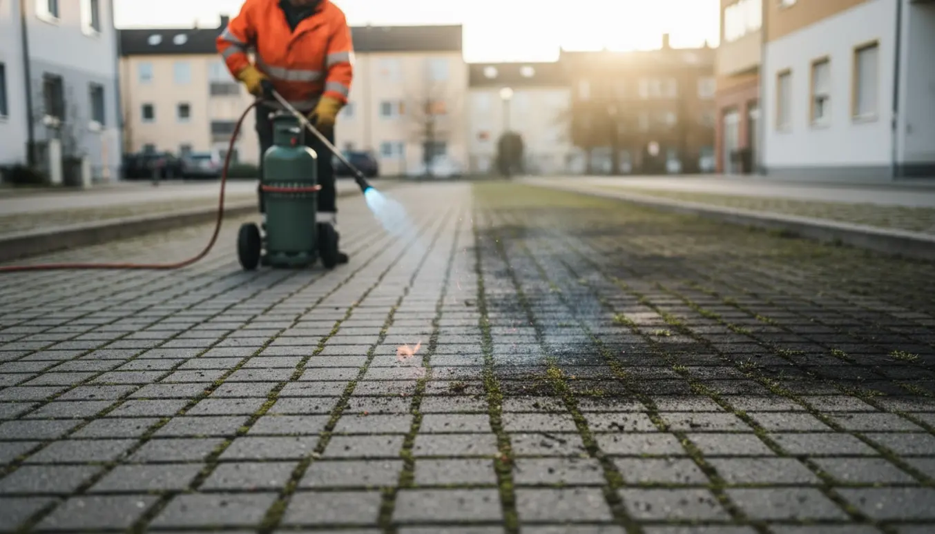 Varmedupper fjerner ukrudt mellem brosten på en lang parkeringsplads.