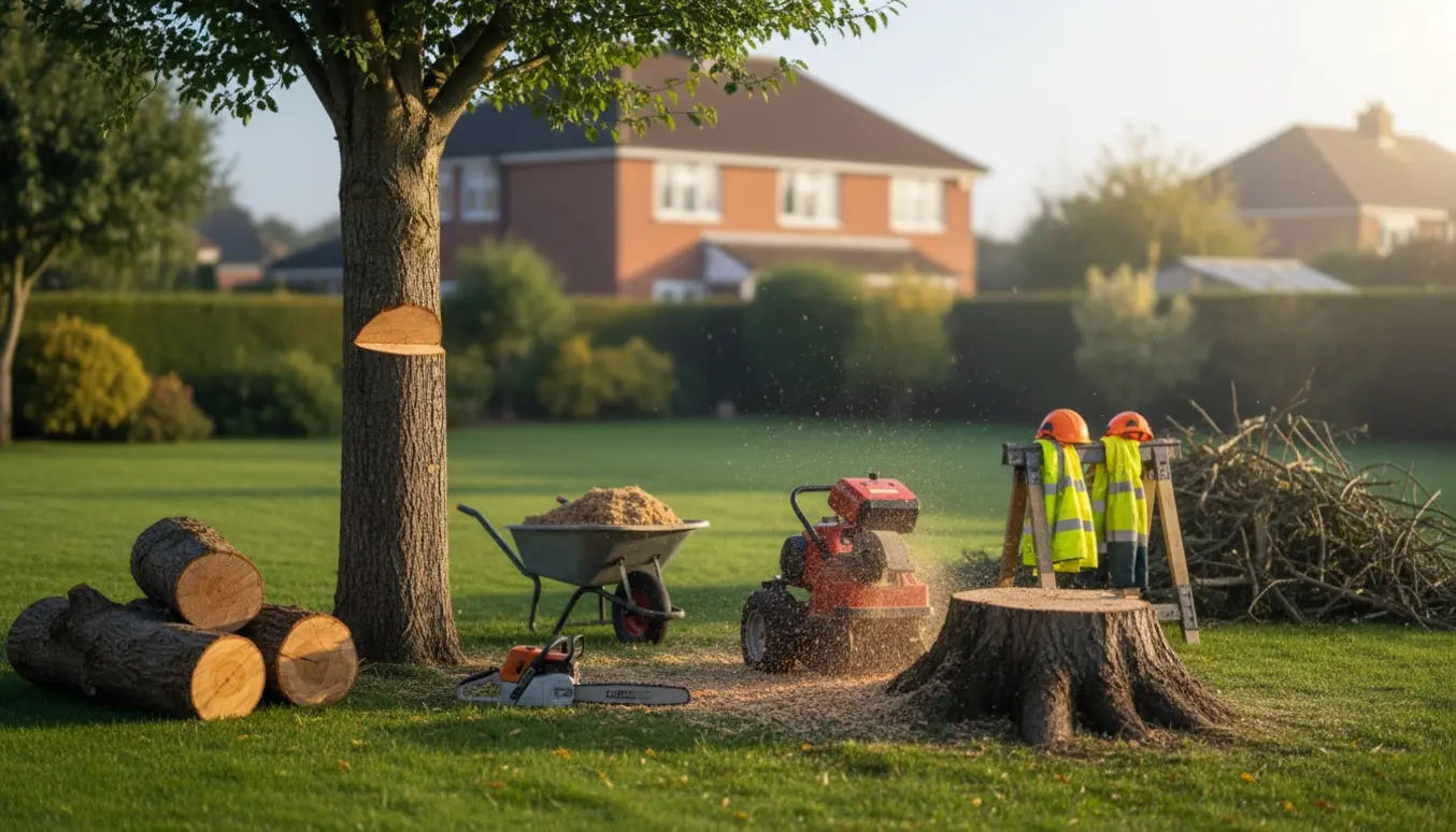En stumpfræser fjerner en træstub i en have med save, stammer og træflis omkring.