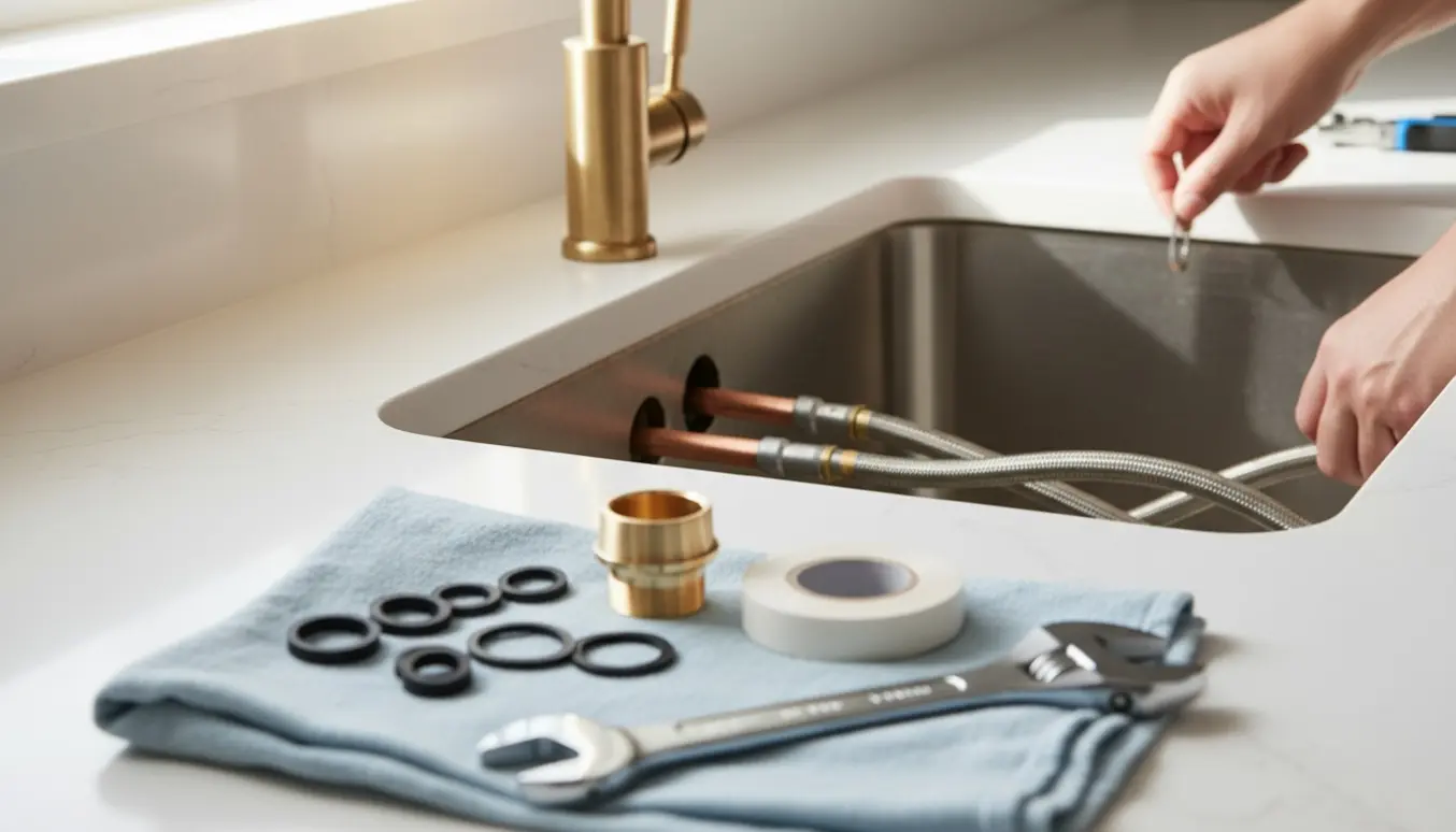 Nærbillede af udskiftning af køkkenarmatur med messinghane, loddet kobbertilslutning og værktøj på bordet.