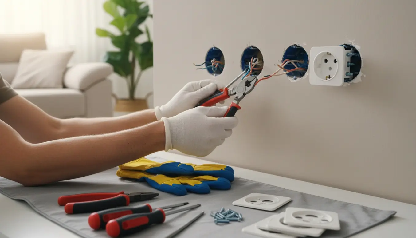 Nærbillede af hænder, der udskifter tre stikkontakter i en stue med værktøj og synlige ledninger.