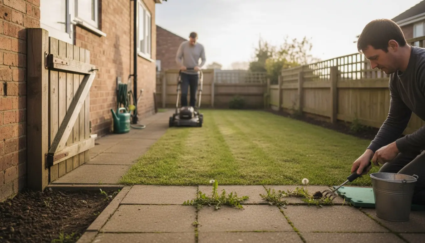 Lille rækkehushave med nyskåret græs og en person, der luger mellem fliserne.
