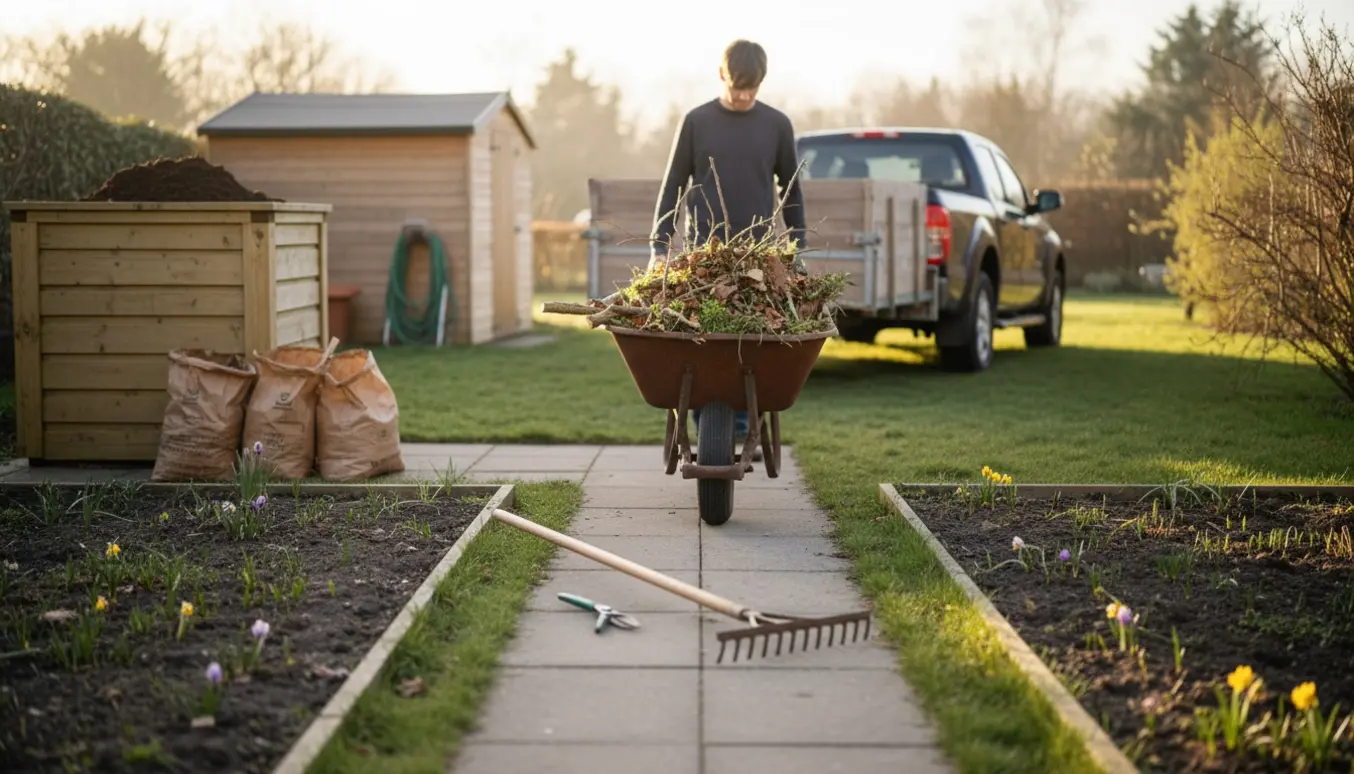 Person fra ryggen pusher en trillebør fyldt med haveaffald mod en trailer i en forårsklar have.