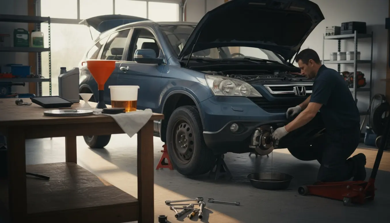 Mekaniker arbejder på en SUV med åben motorhjelm, løftet hjul, værktøj og nye reservedele rundt om.