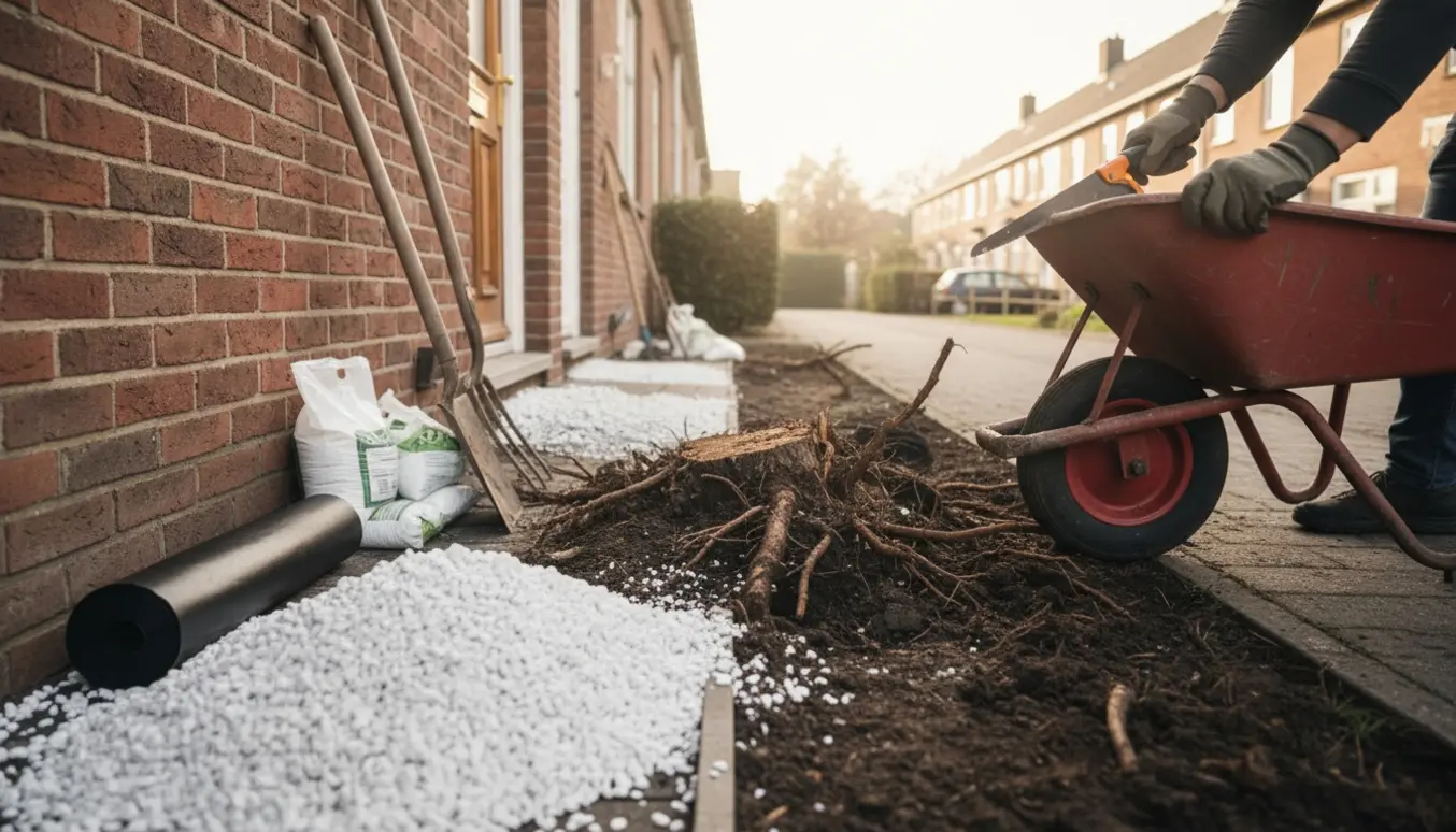 Udskiftning af hvide skærver og fjernelse af et lille træ i et smalt bed foran et rækkehus, med trillebør, skovl og ukrudtsdug.