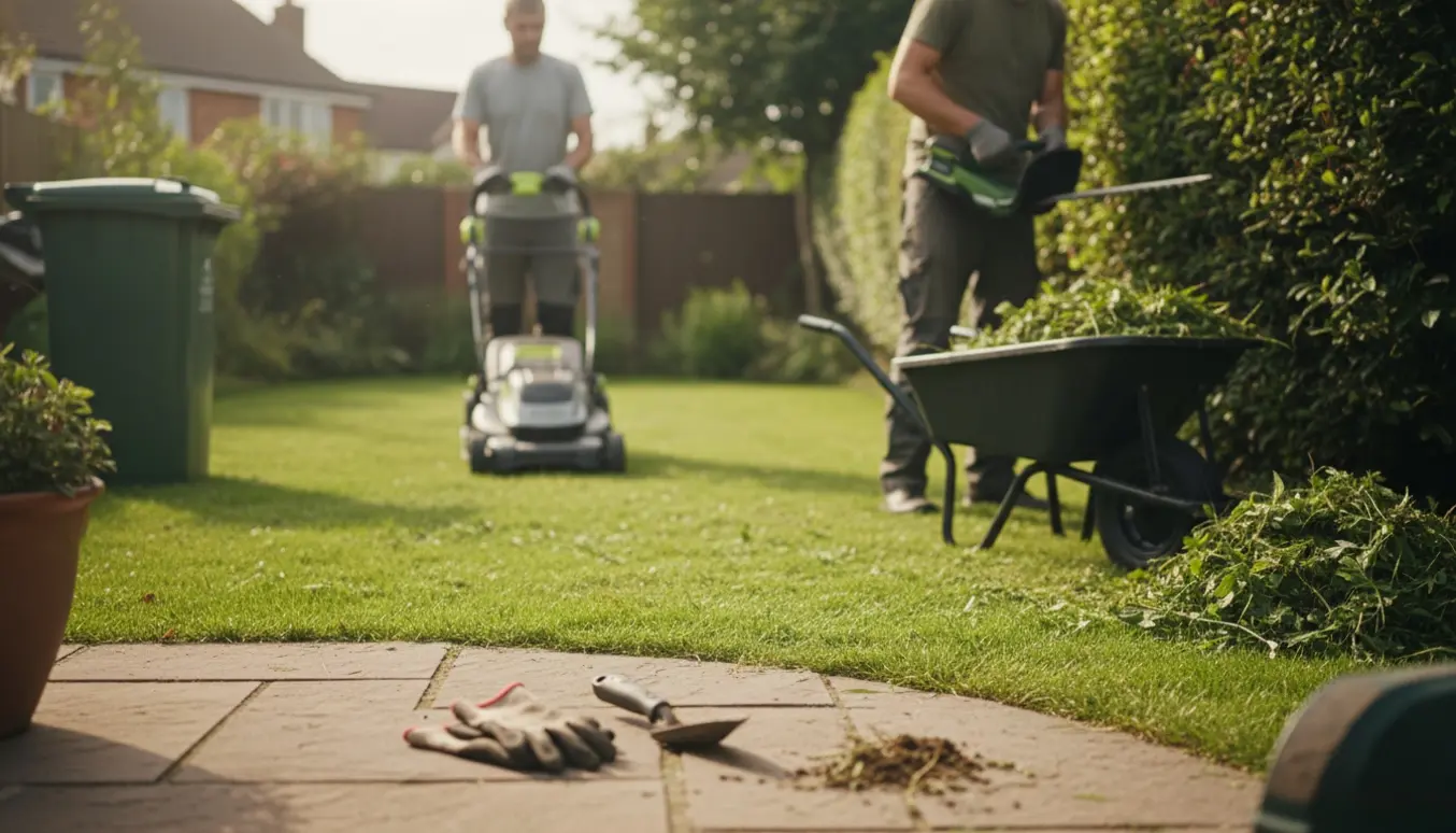 En solrig have med nyslået græs, en person set bagfra med plæneklipper og en hæk der bliver trukket i form, og fjernet ukrudt på terrassen.