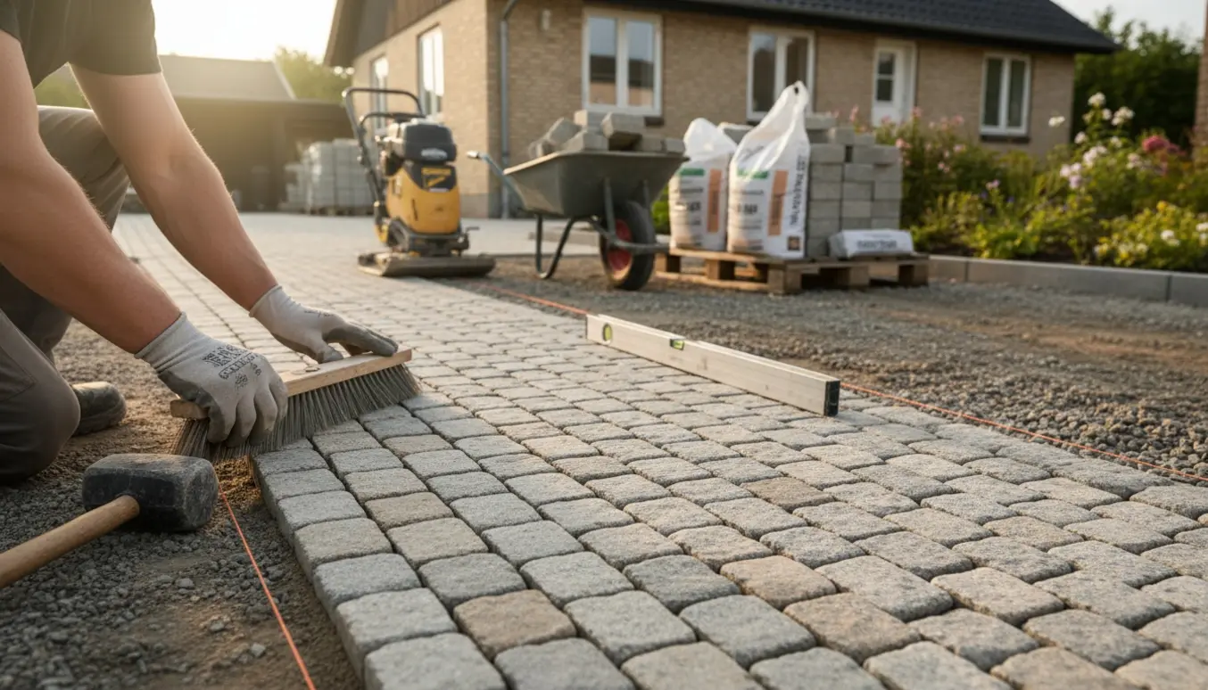 Udsnit af en indkørsel hvor københavnersten lægges med værktøj og materialer.