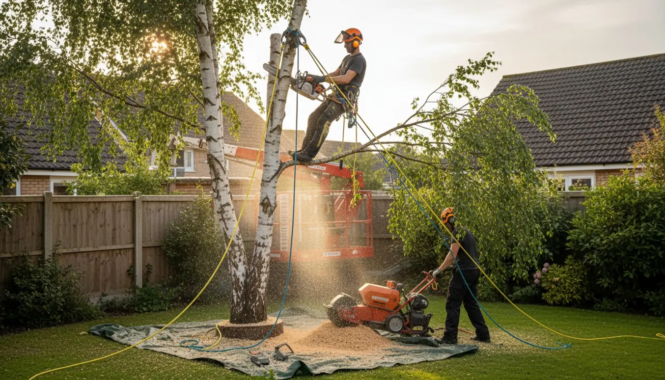 Arborist fælder en birk i sektioner med tov og en rodfræser fjerner stubben i en trang have.