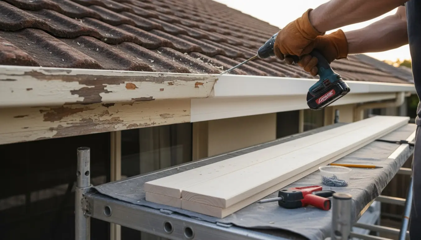 Håndværker udskifter vindskede på husets tagkant med nyt træpanel og skruemaskine.