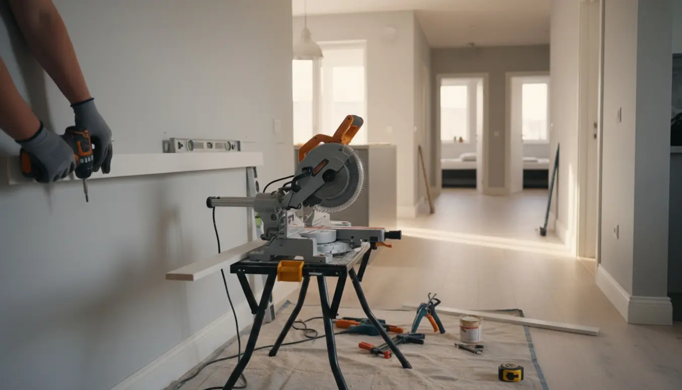 Udførelse af montering af fodpaneler i et lyst køkken-alrum med værktøj og hænder i fokus.