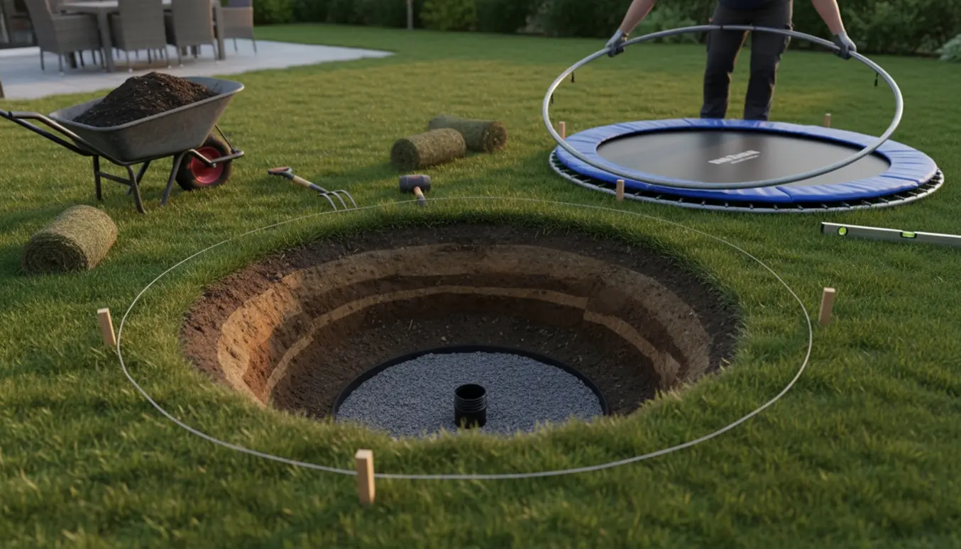 En 3,3 m trampolinramme sænkes ned i et cirkulært hul i en solbelyst baghave, omgivet af skovlede jord og værktøj.